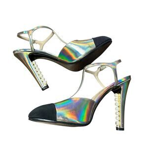 Chanel Iridescent Leather & Fabric CC Pearl T Strap Heels Womens 41 / US 10